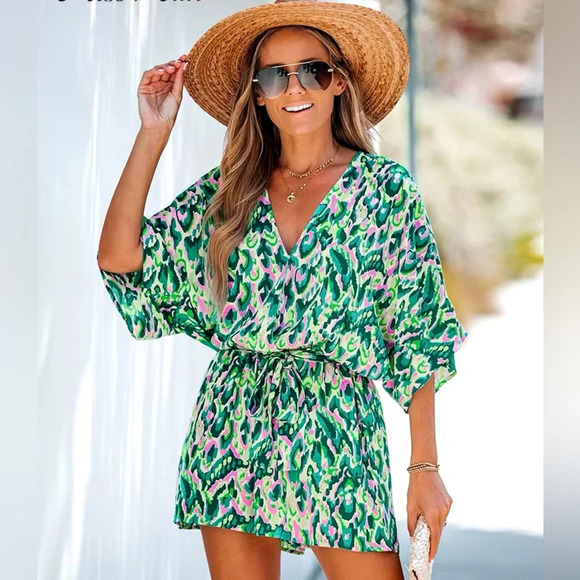 NWT CupShe size XL Green Pink Mini Shorts Romper V Neck Swim Cover Up New Rayon - Picture 1 of 7